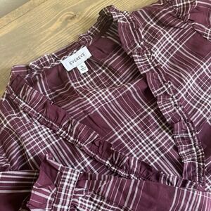 Evereve Womens XL Maroon White Plaid Ruffl Trim V-Neck Long Sleeve Blouse